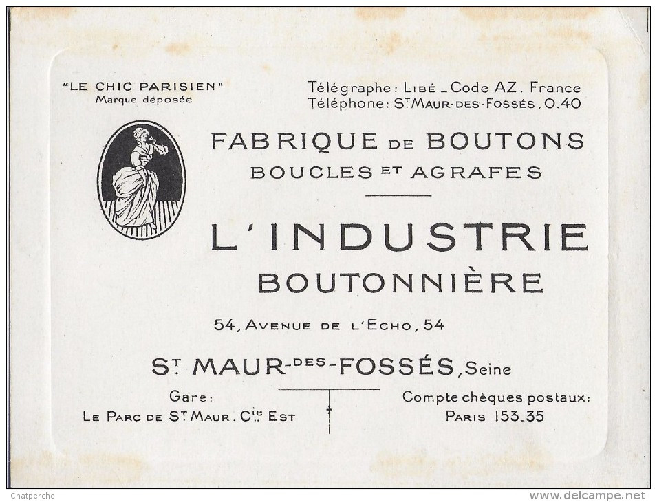 CDV CARTE DE VISITE INDUSTRIE BOUTONNIERE SAINT MAUR DES FOSSES BOUTONS BOUCLES - Visitekaartjes