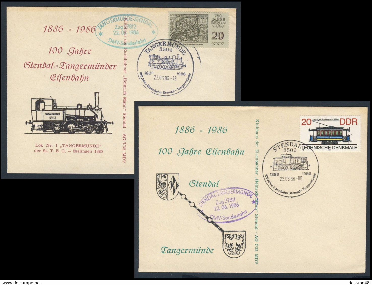 DDR Germany 1986 2x Brief Cover - 100 Jahre Eisenbahn Stendal - Tangermünde 1886 - DMV Sonderfahrt / Railway - Trains