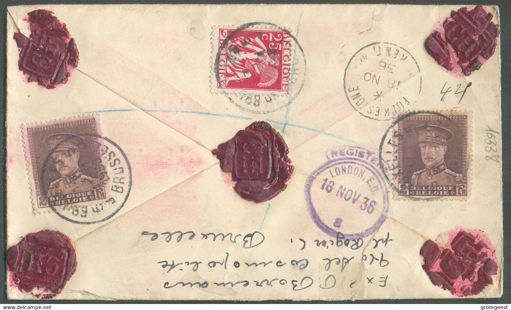 2Fr. KEPI (x2) + 25c. CERES Obl. Sc BRUXELLES 5 Au Verso D'une Lettre ASSUREE (Etiquettes Rouges VALEUR DECLAREE Et INSU - 1932 Ceres And Mercurius