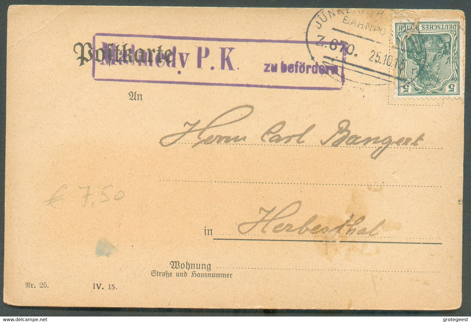 AMBULANT SPOORWEG CANTONS De L'EST - 5pfg Obl; Ovale JURGENRATH-MALMEDY BAHNPOST Z.670 Sur Carte Du 25.10.1915 Vers Herb - Ambulants