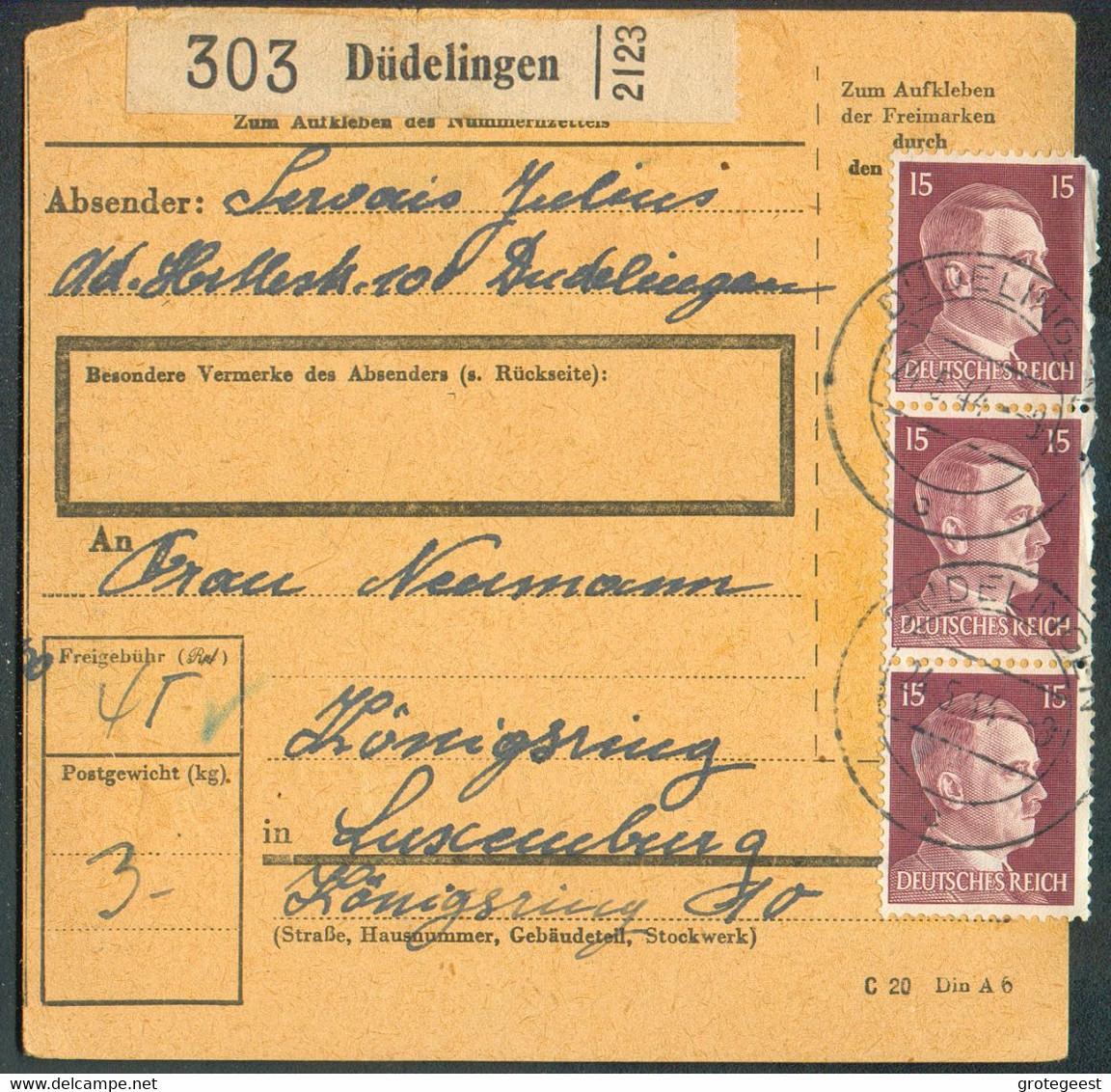 Bordereau De Colis Avec Affr; HITLER à 45pfg Obl. Dc DÜDELINGEN (Dudelange) Vers Luxembourg .  Poids 3Kgs. TB  - 16346 - 1940-1944 Deutsche Besatzung