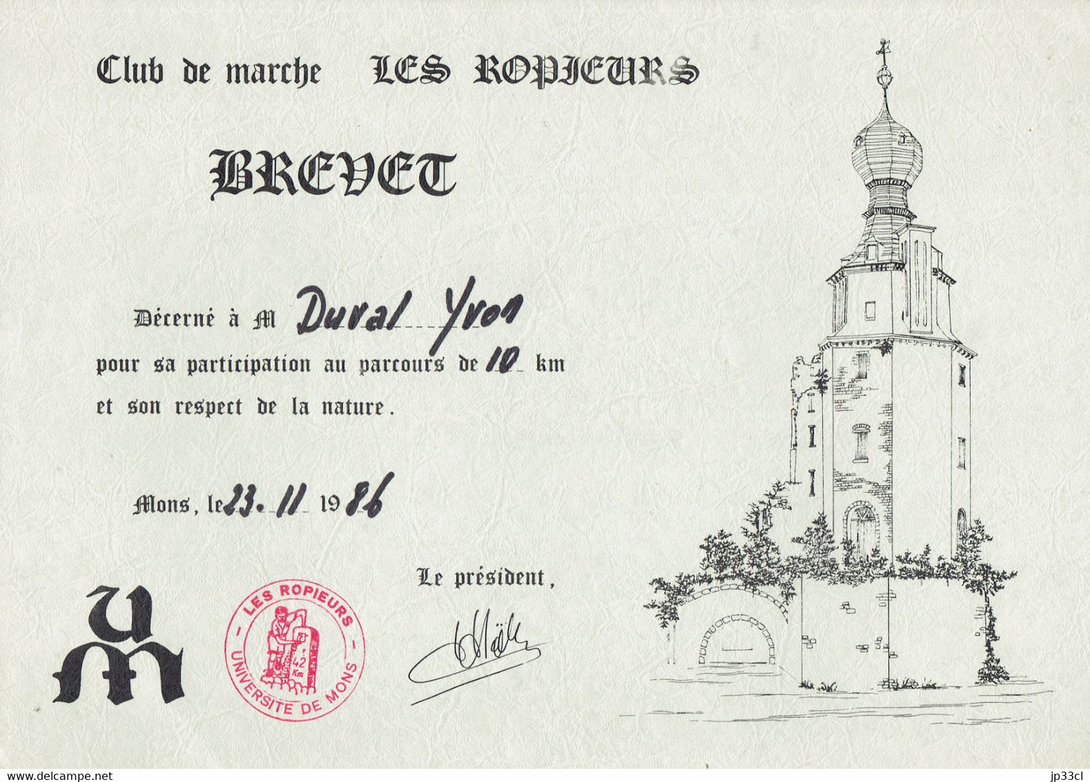Ancien Brevet Du Club De Marche Les Ropieurs (Université De Mons) Avec Beffroi (1986) - Diplome Und Schulzeugnisse
