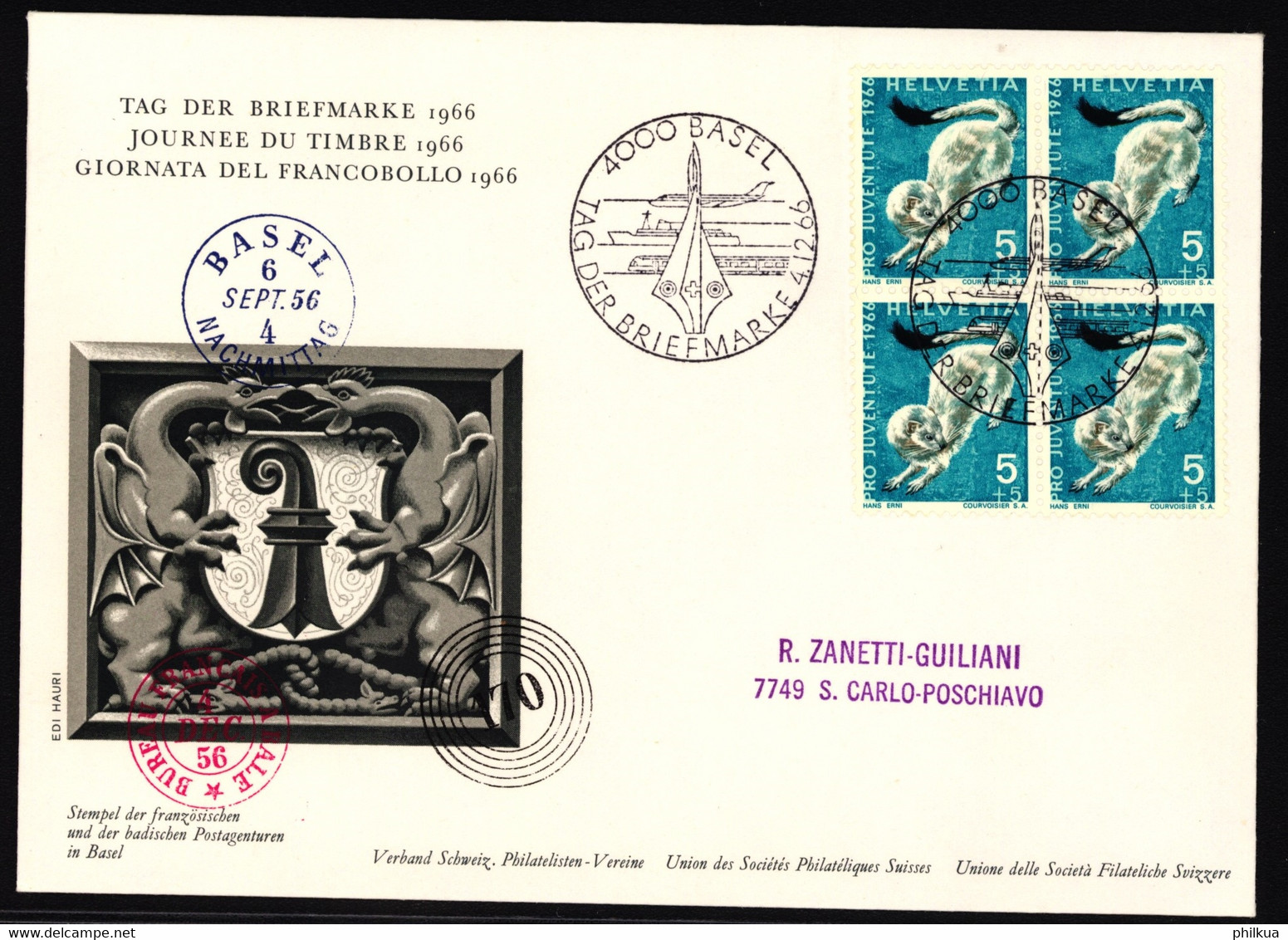 J215 Hermelin Auf Ofiziellem Sonderumschalg "Tag Der Briefmarke" Mit Stempel Tag Der Briefmarke 1966 - BASEL - Giornata Del Francobollo