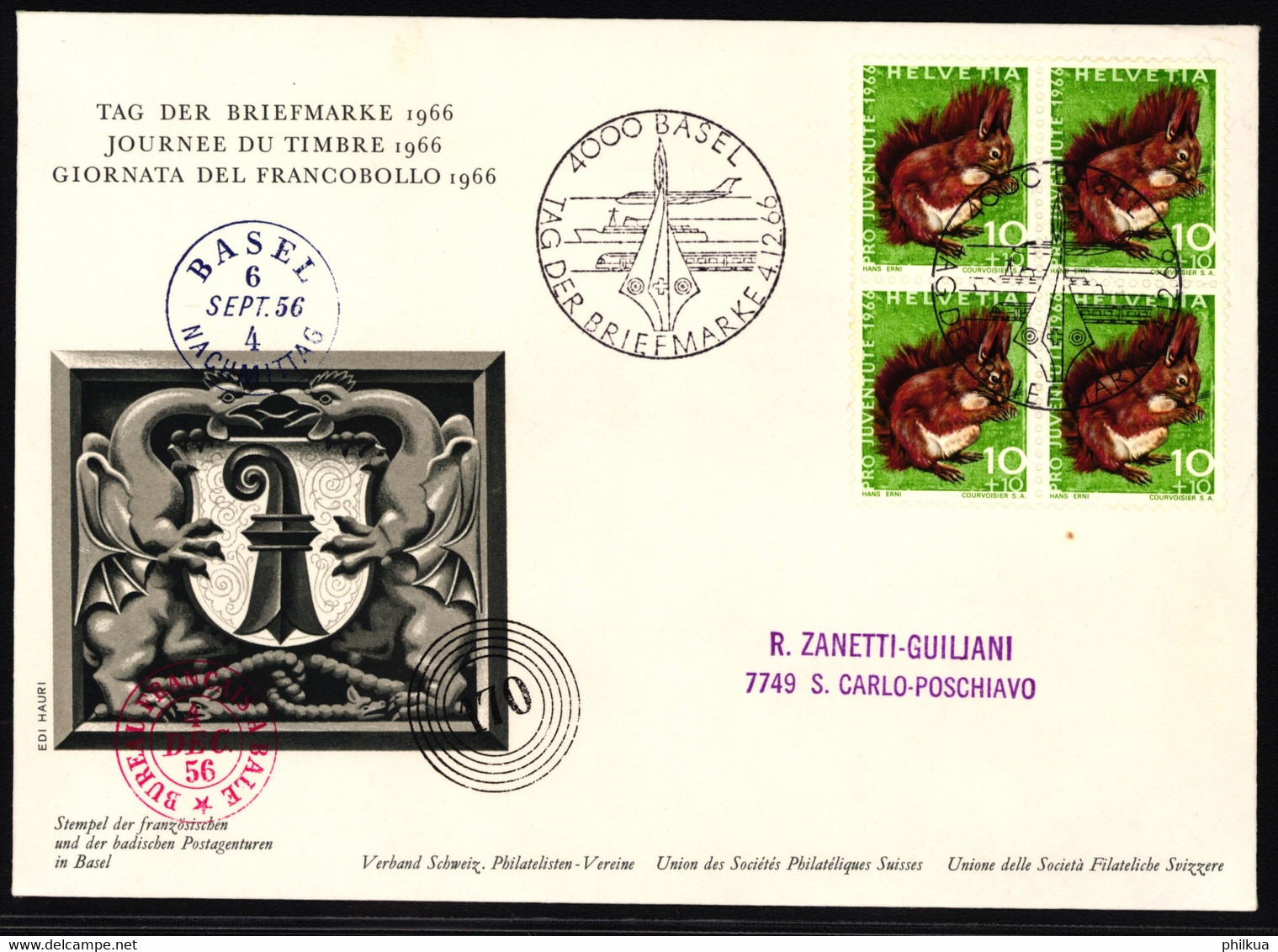J216 Eichhörnchen Auf Ofiziellem Sonderumschalg "Tag Der Briefmarke" Mit Stempel Tag Der Briefmarke 1966 - BASEL - Giornata Del Francobollo
