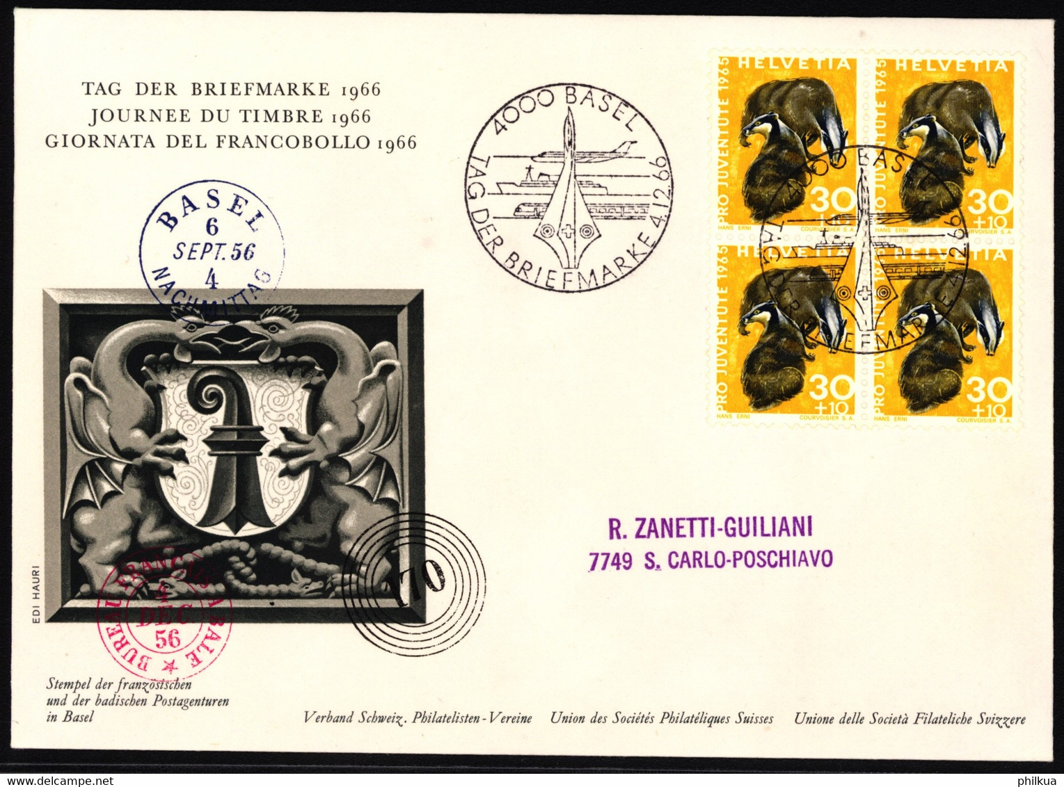J213 Dachs Auf Ofiziellem Sonderumschalg "Tag Der Briefmarke" Mit Stempel Tag Der Briefmarke 1966 - BASEL - Giornata Del Francobollo