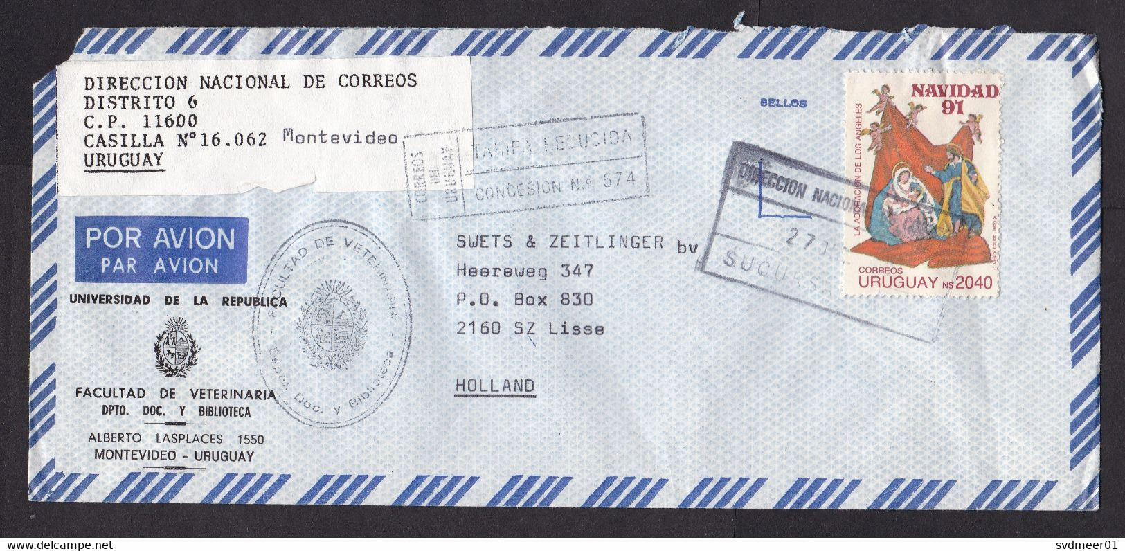 Uruguay: Airmail Cover To Netherlands, 1991, 1 Stamp, Christmas, Cancel Special Rate Concession (minor Damage) - Uruguay