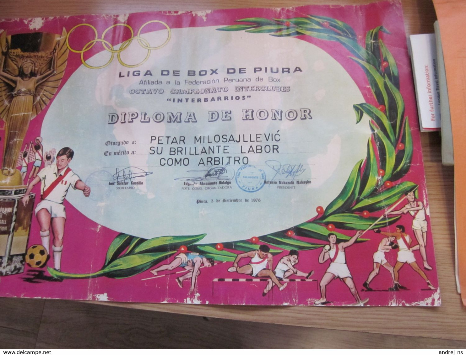 Diploma De Honor Liga De Box De Piura  Afiliada A La Federacion Peruana De Box  Signatures 46x30 Cm - Autres & Non Classés