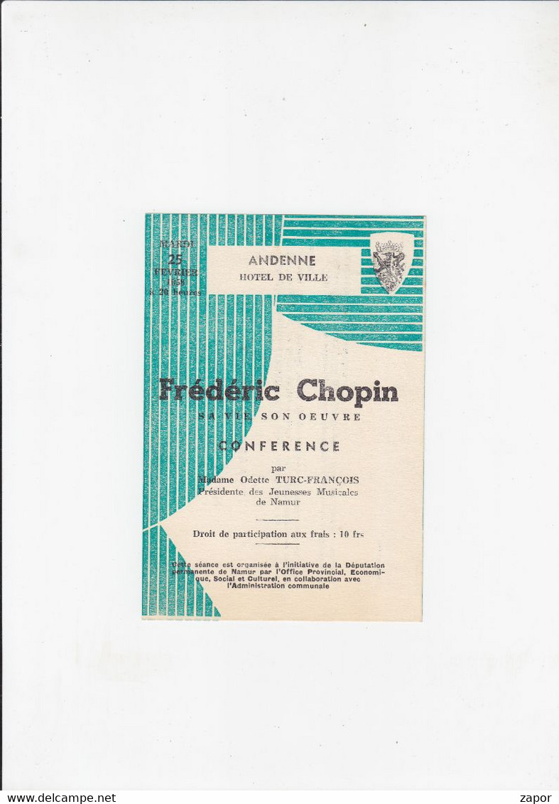 Andenne - Hotel De Ville - Frédéric Chopin - Conference Par Odette Turc-François - 1958 - Programs