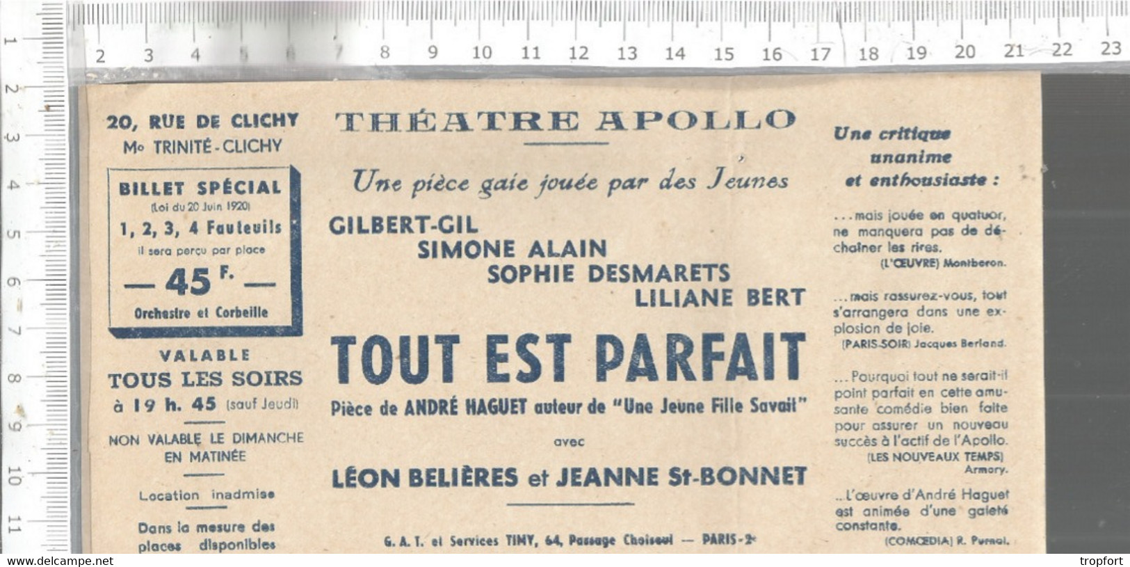 PG / Vintage // TICKET ENTREE THEATRE PARIS  @@ THEATRE APOLLO @@ TOUT EST PARFAIT   DESMARET - Tickets - Entradas