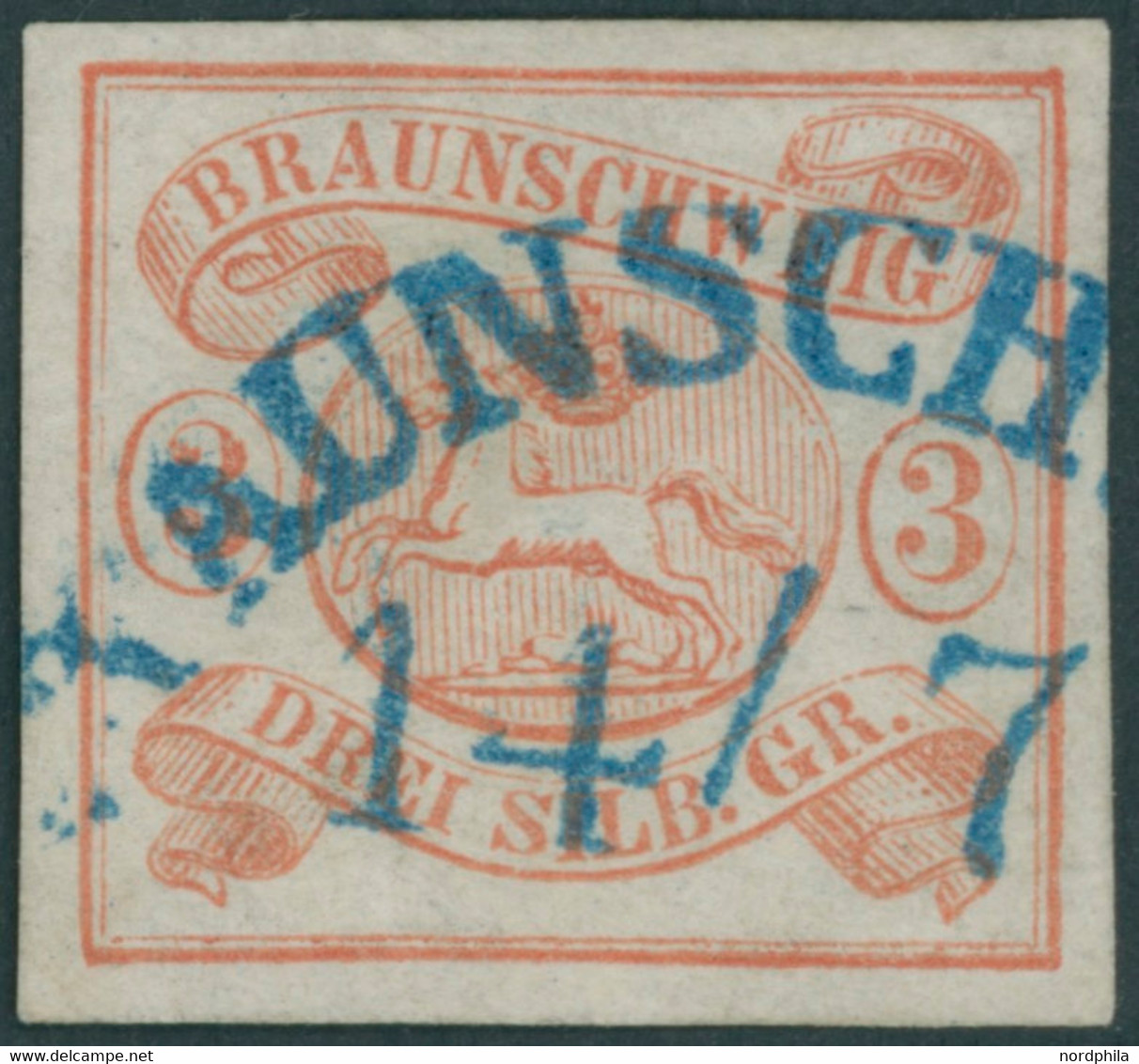 BRAUNSCHWEIG 3 O, 1852, 3 Sgr. Orangerot, Blauer Halbkreisstempel, Gepr. W. Engel Und Fotoattest Alcuri, Mi. 350.- - Braunschweig