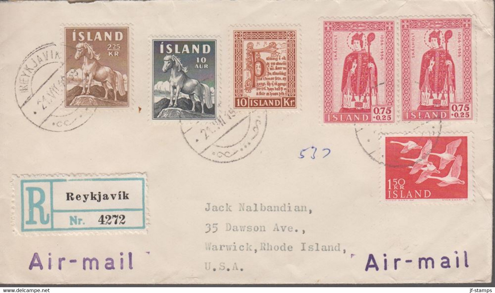 1959. ISLAND. SKÁLHOLT 2 Ex. 0,75 + 0,25 + Horse + 10 Kr. + 1,50 Kr. On Reg-cover To ... (Michel 300+) - JF367018 - Covers & Documents