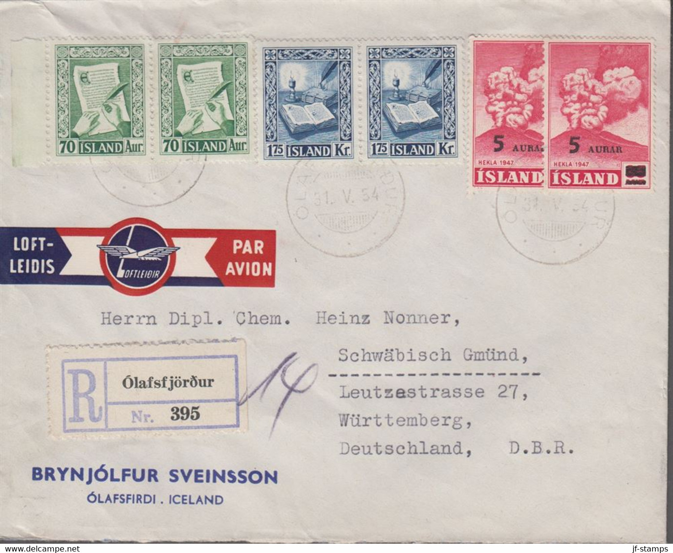 1954. ISLAND. HEKLA 2 Ex. 5 AURAR /35 AUR + 2 Ex 70 And 1,75 Manus On Reg-cover To Wü... (Michel 292+) - JF367019 - Brieven En Documenten