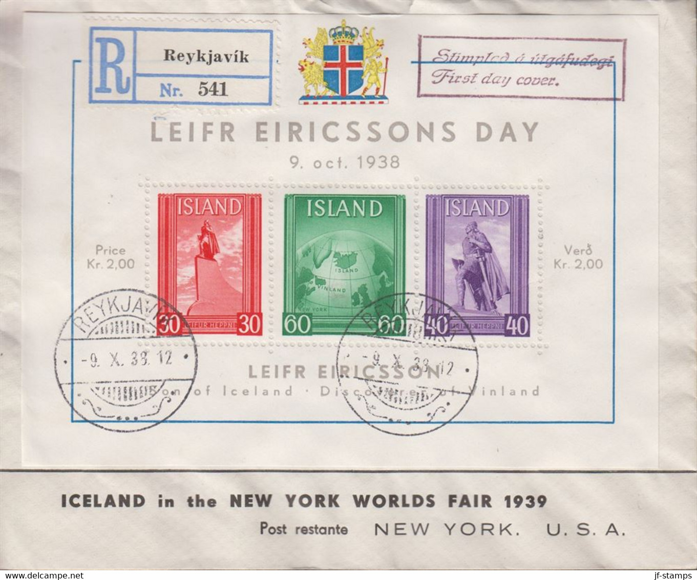 1938. Leif-Eriksson. BLOCK With 30+60+40. FDC REYKJAVIK -9.10.38. (Michel BLOCK 2) - JF367032 - Covers & Documents