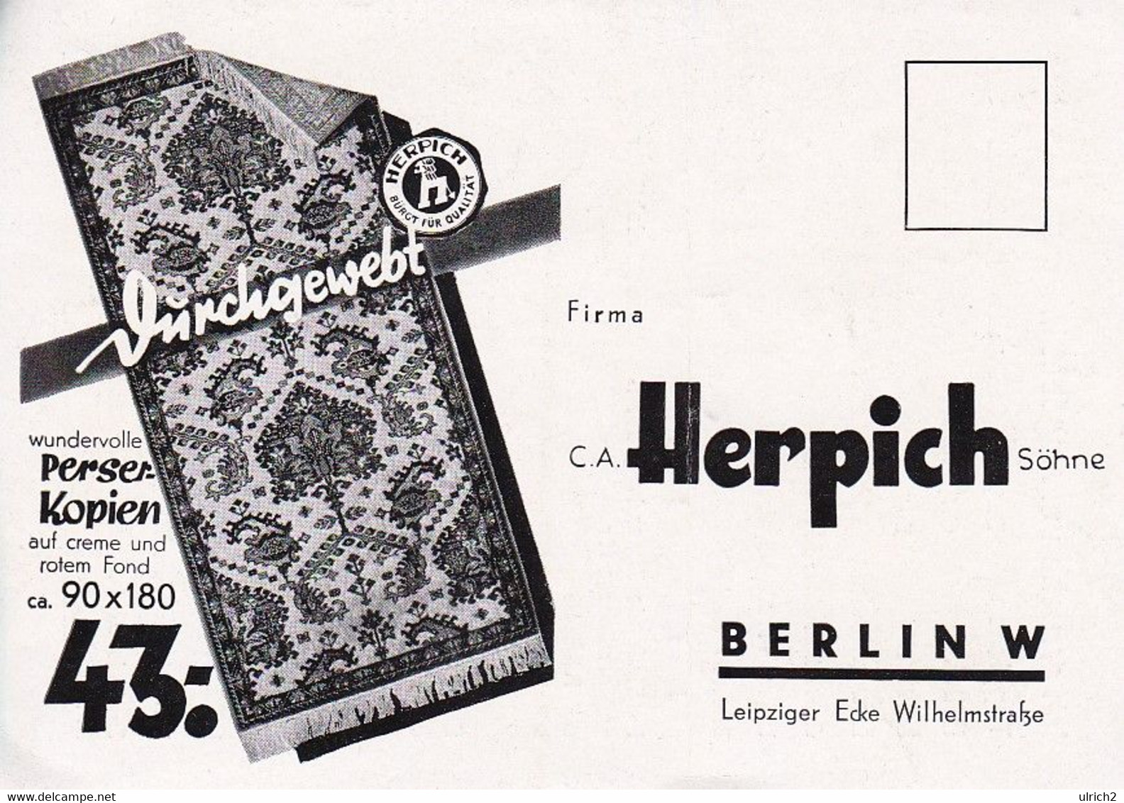 AK Werbung Firma Herpich Berlin - Perser-Kopien Teppiche - Ca. 1920 (52255) - Pubblicitari