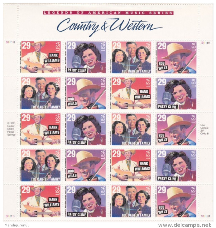 USA 1993 Country Singers Pane Of 20 $5.80 MNH SC 2771-2774sp YV BF-2187-2189A MI SH2376 IIA+2397-99 SG MS2815-18 - Feuilles Complètes