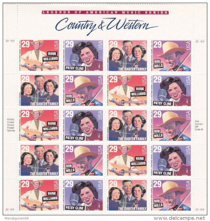 USA 1993 Country Singers Pane Of 20 $5.80 MNH SC 2771-2774sp YV BF-2187-2189A MI SH2376 IIA+2397-99 SG MS2815-18 - Ganze Bögen