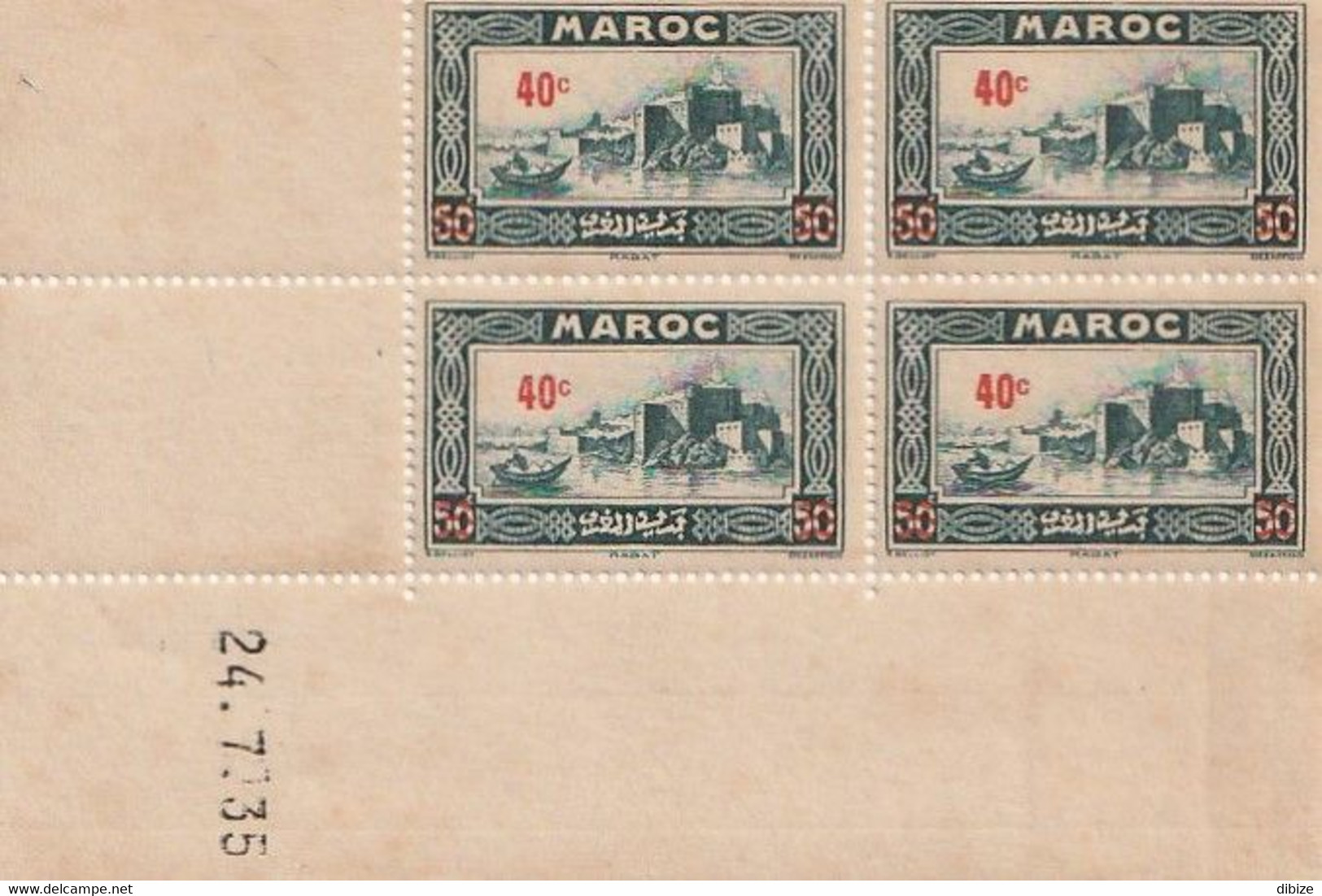 Maroc. Coin Daté De 4 Timbres De 1933 Surchargés En 1939 N° 162 Yvert Et Tellier. Rabat. Rouille Au Verso Et Sur Marge. - Sonstige & Ohne Zuordnung