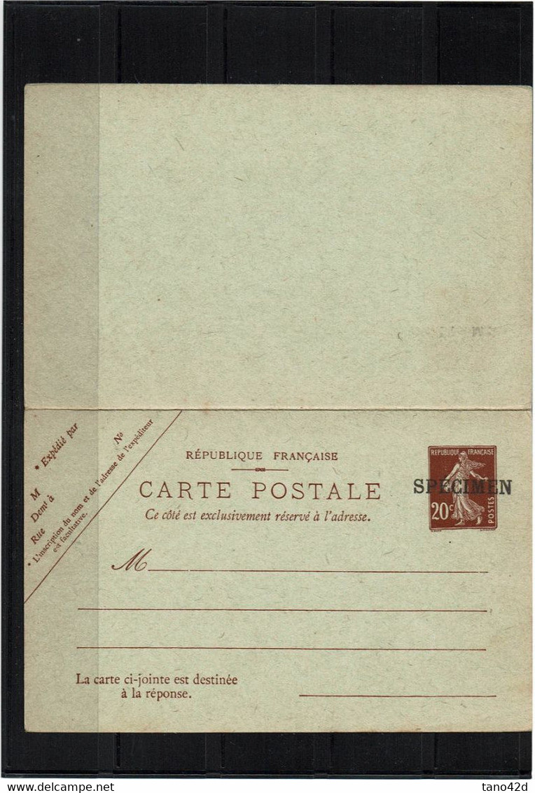 LRDR15- EP CARTE POSTALE AVEC REPONSE PAYEE SEMEUSE CAMEE 20c SPECIMEN COTE 70 EUR - Specimen