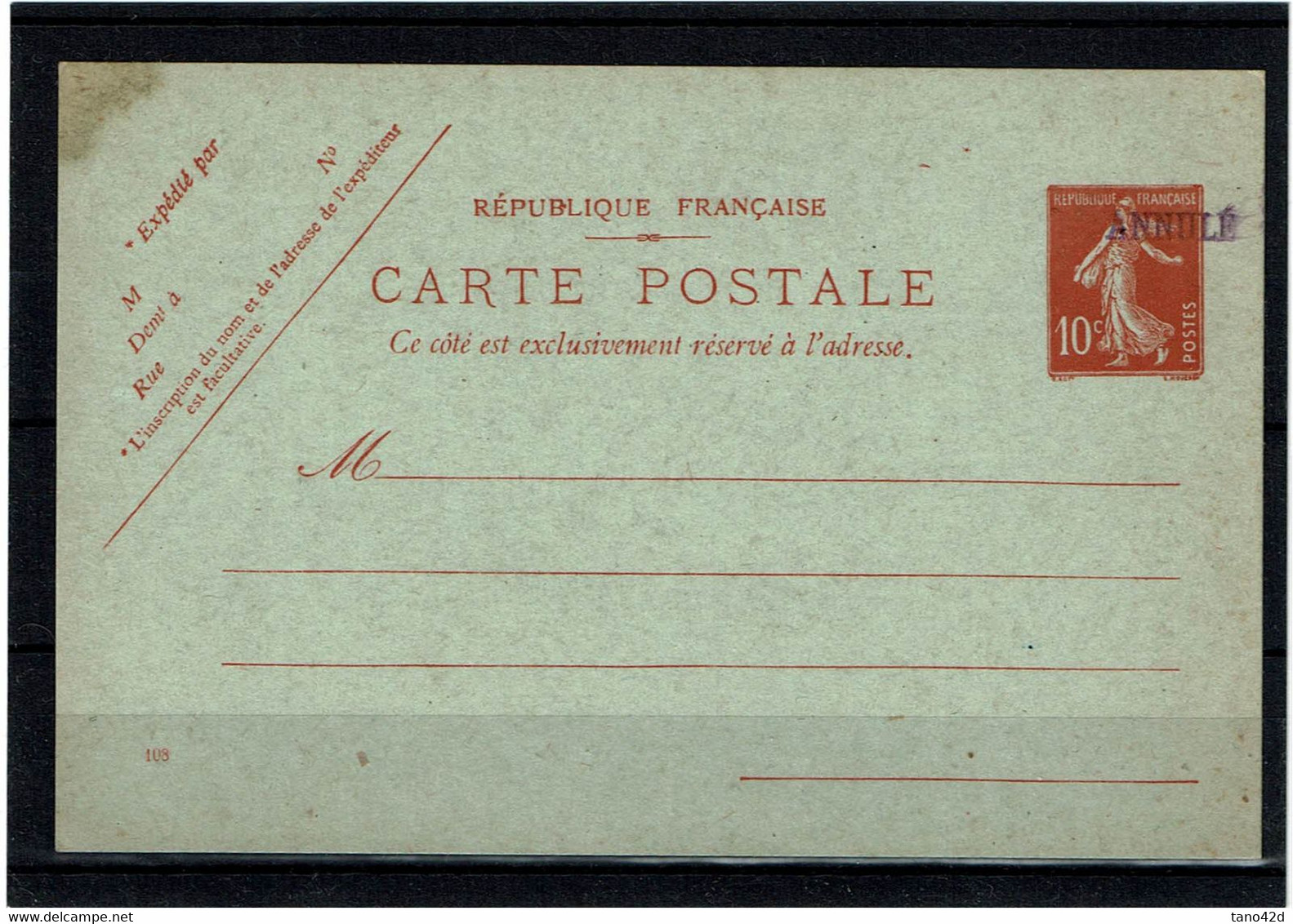 LRDR15- EP CARTE POSTALE SEMEUSE CAMEE 10c ANNULE - Specimen