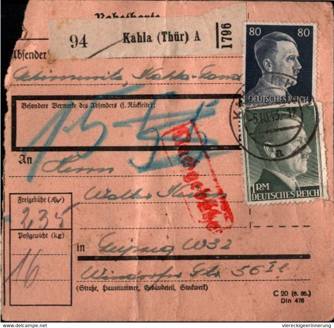 ! 1943 Kahla In Thüringen Nach Leipzig, Nachgebühr, Paketkarte, Deutsches Reich, 3. Reich - Briefe U. Dokumente