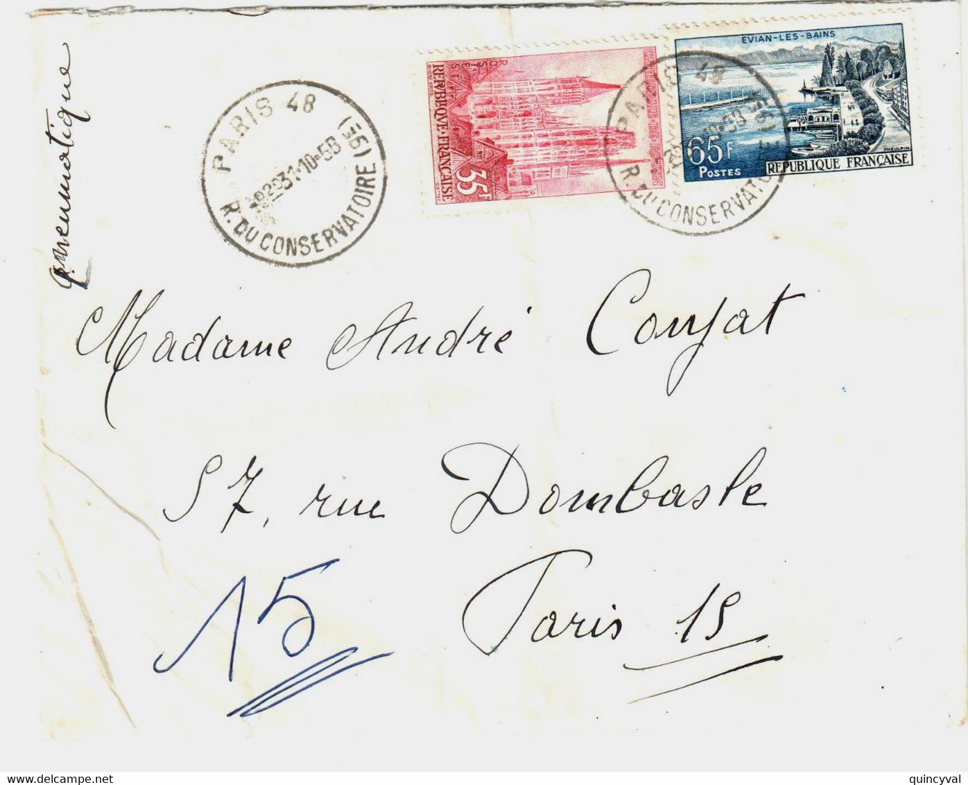 PARIS 48 R Du Conservatoire 9E Pneumatique35f Cathédrale Rouen 65 F Evian Yv 1129 1131 - Storia Postale