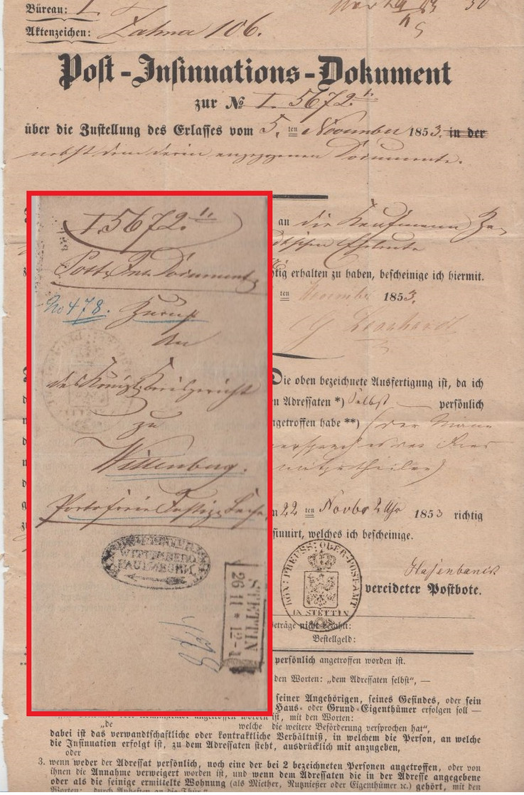 Preussen - Stettin 26/11 (1853) Post-Insinuationsdokument N. Wittenberg - Autres & Non Classés