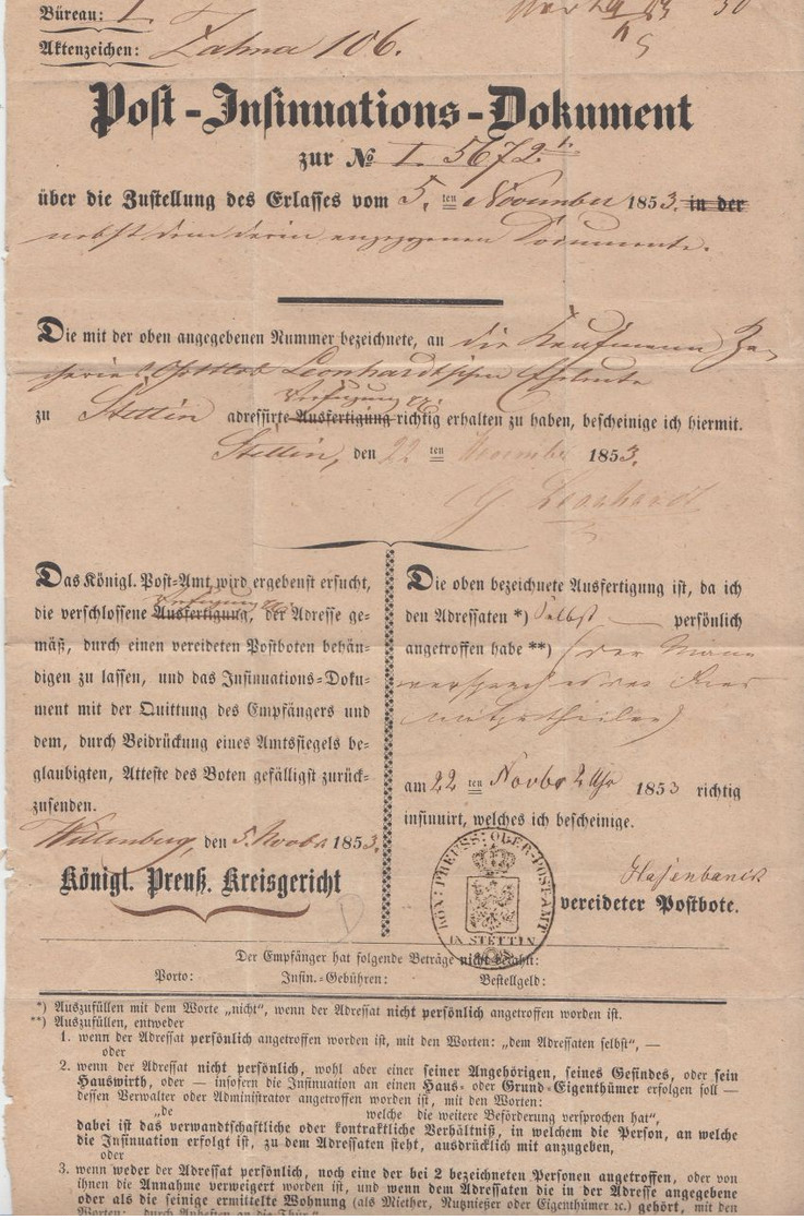 Preussen - Stettin 26/11 (1853) Post-Insinuationsdokument N. Wittenberg - Autres & Non Classés