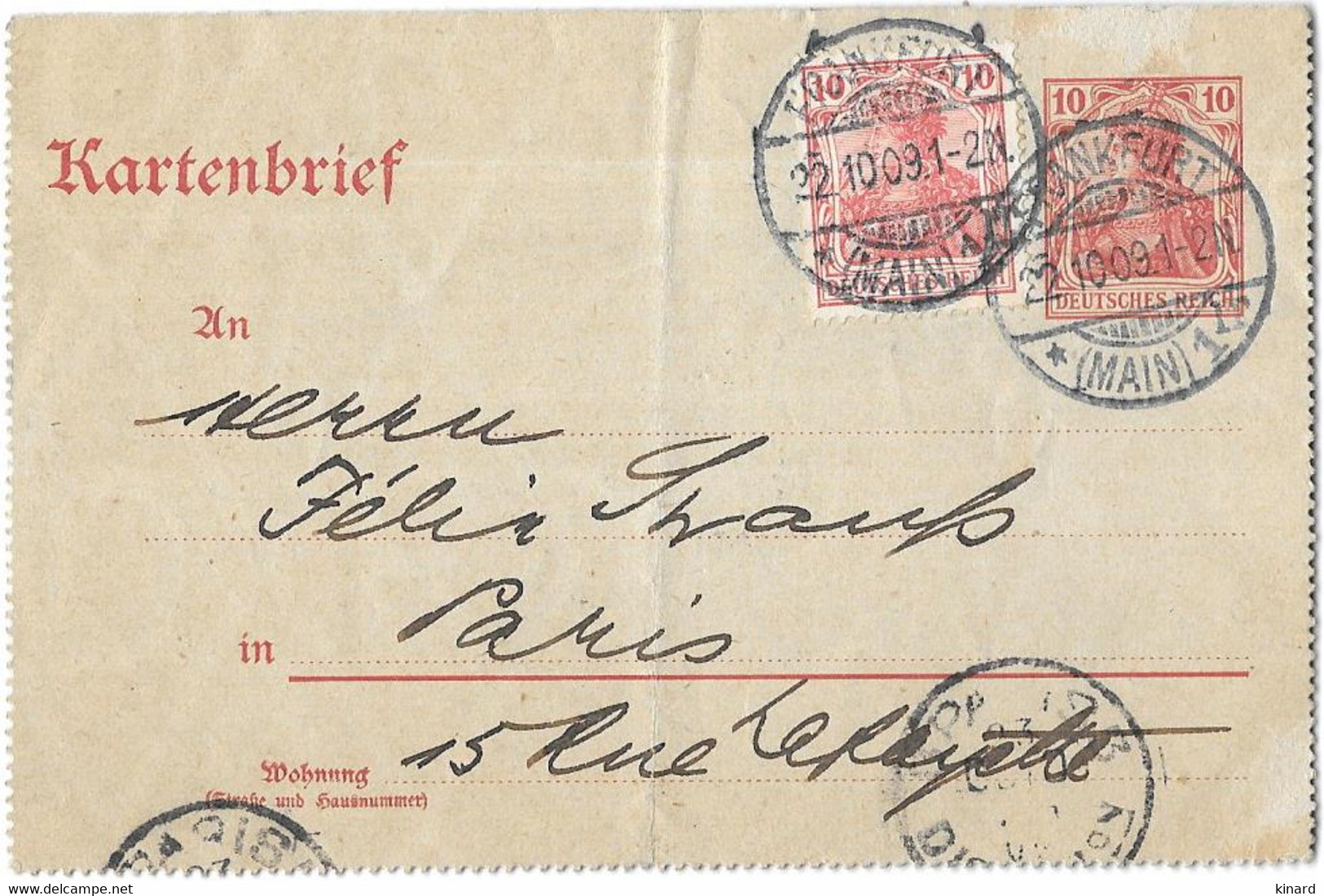 KARTENBRIEF  ENTIER POSTAL. COMPLEMENT 10CTS 1909... POUR LA FRANCE - Buste