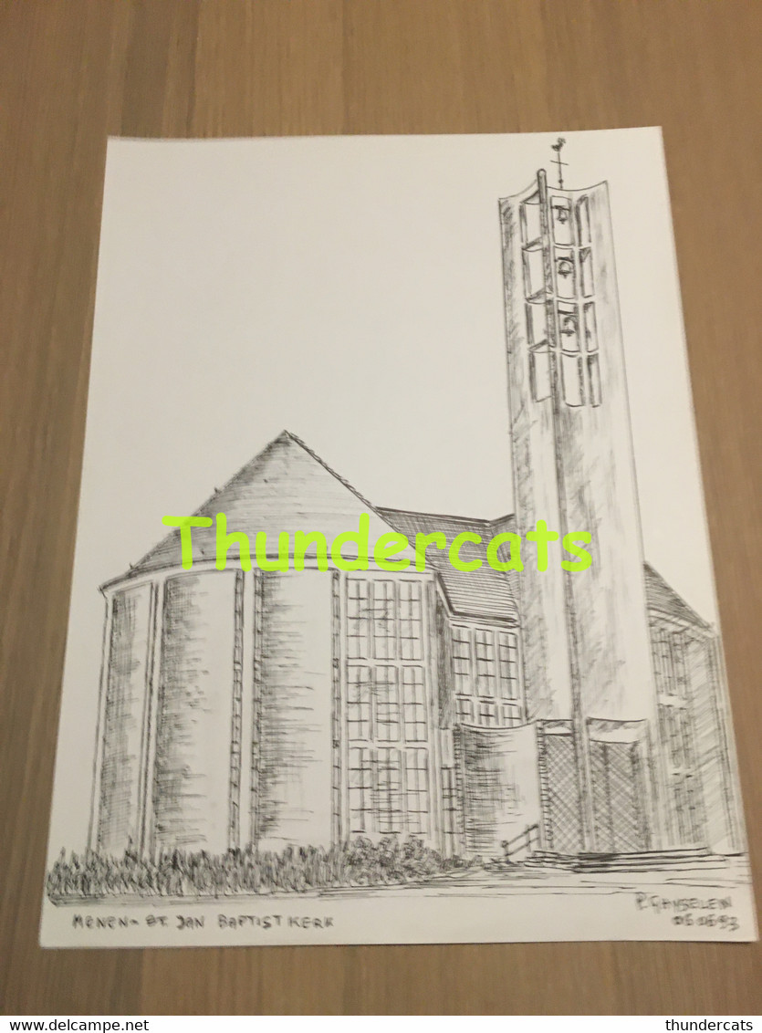 ORIGINELE GROTE TEKENING DOOR PAUL GHYSELEN GHIJSELEN 1993 MENEN ST JAN BAPTISTKERK - Disegni