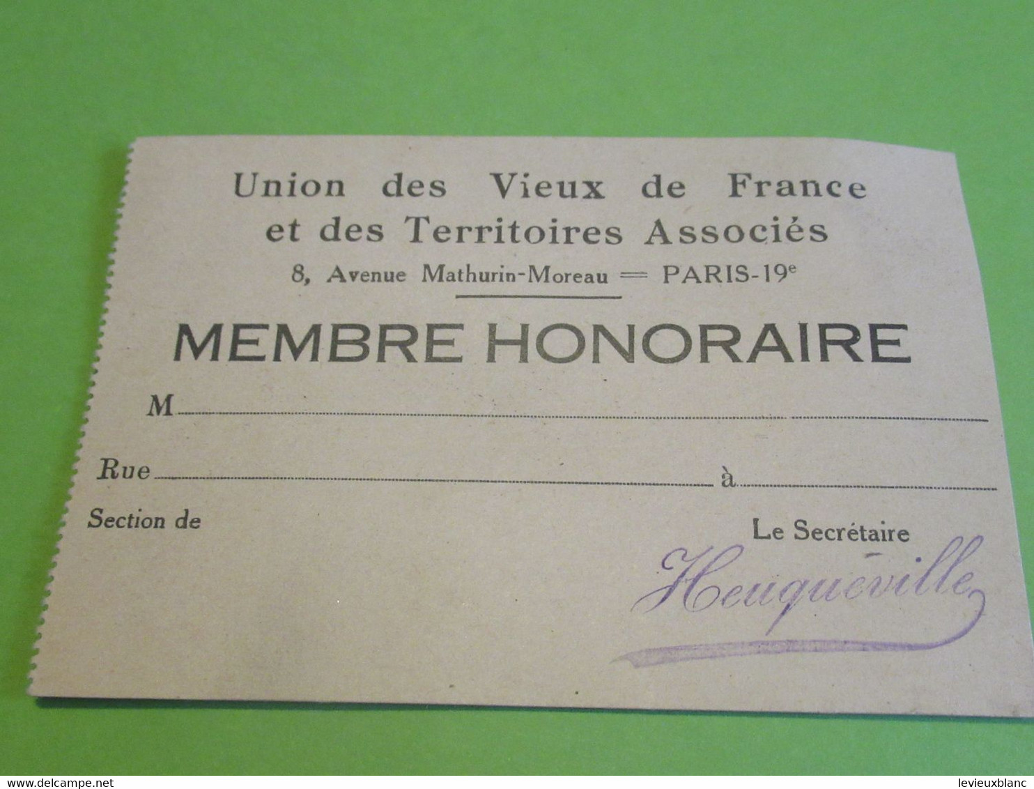 Carte Associative/non Attribuée/Mbre Honoraire/UNION Des VIEUX De FRANCE Et Territoires Associés/Paris/Vers1955  AEC182 - Autres & Non Classés