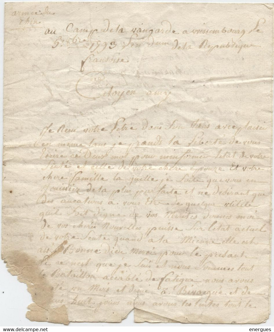 Révolution, 1793, Marque Postale Armée Du Rhin ,Bataillon Lot Et Garonne N° 8,  Général Custine, Beauharnais,Wissembourg - Documenti Storici