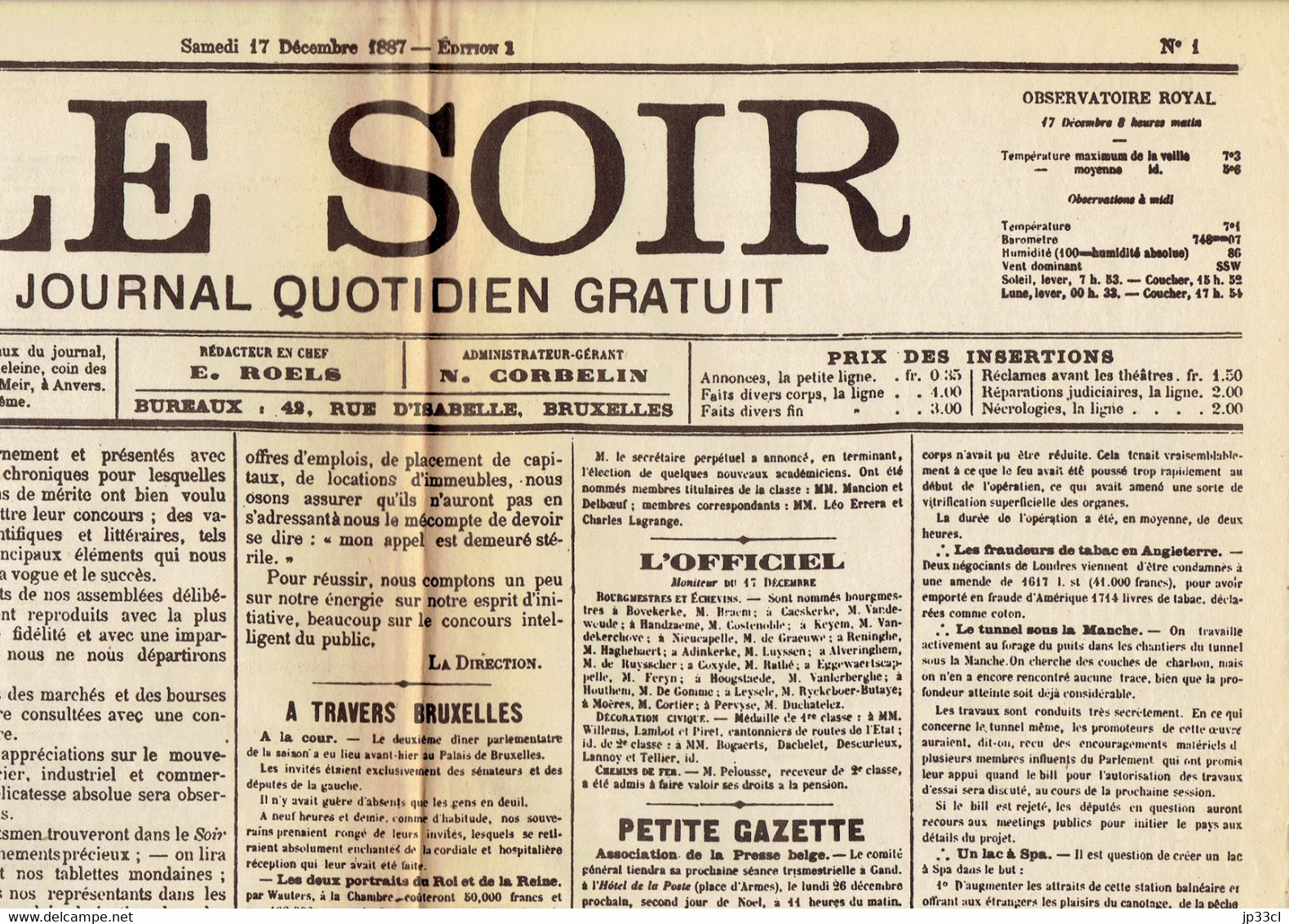 Fac-simile De La Une Du Tout Premier Numéro Du Journal Le Soir (Belgique) 17 Décembre 1887 - Historical Documents