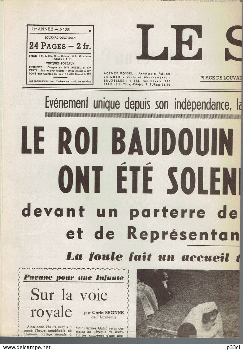 Mariage Du Roi Baudouin Et De La Reine Fabiola (fac-similé De La Une Du Journal Le Soir, Belgique) Du 16/12/1960 - Historical Documents