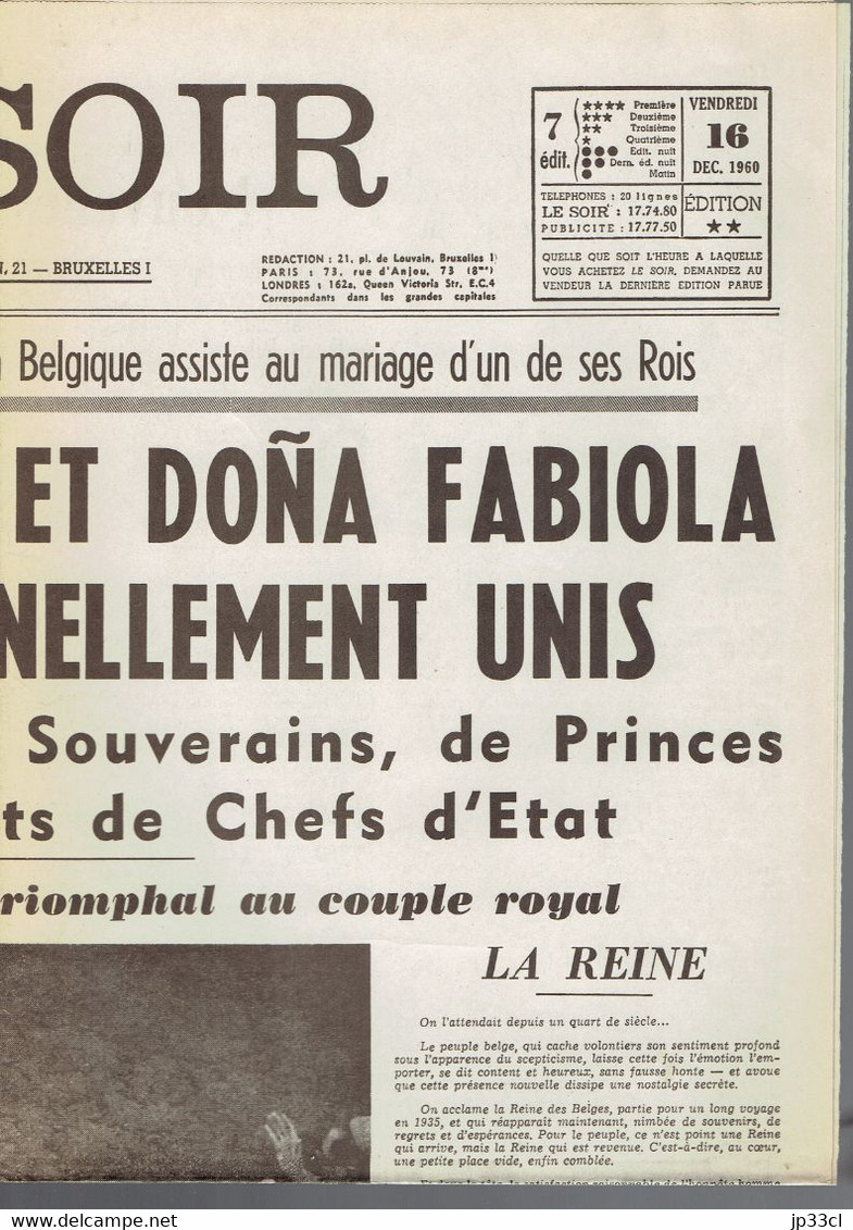 Mariage Du Roi Baudouin Et De La Reine Fabiola (fac-similé De La Une Du Journal Le Soir, Belgique) Du 16/12/1960 - Documents Historiques