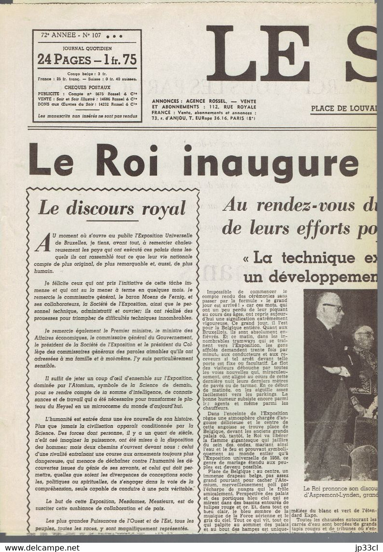 Le Roi Baudouin Inaugure L'Expo 1958 (fac-similé De La Une Du Journal Le Soir, Belgique) Du 18/04/1958 - Historical Documents