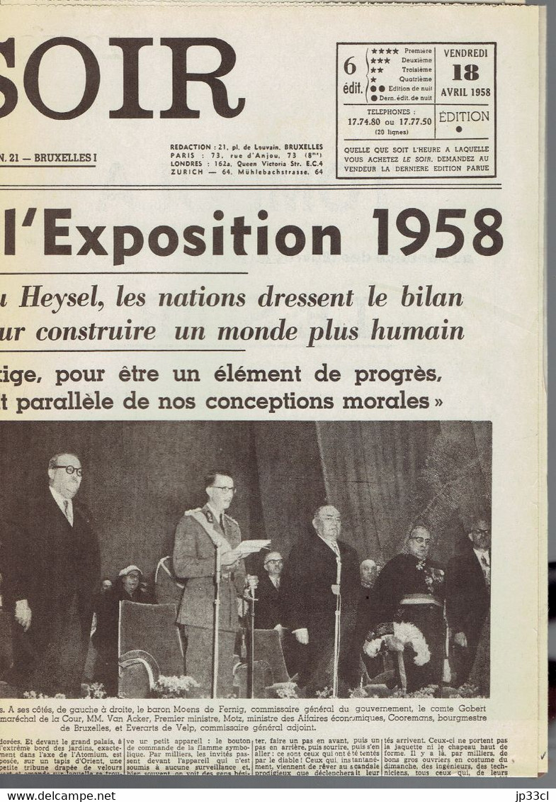 Le Roi Baudouin Inaugure L'Expo 1958 (fac-similé De La Une Du Journal Le Soir, Belgique) Du 18/04/1958 - Documents Historiques