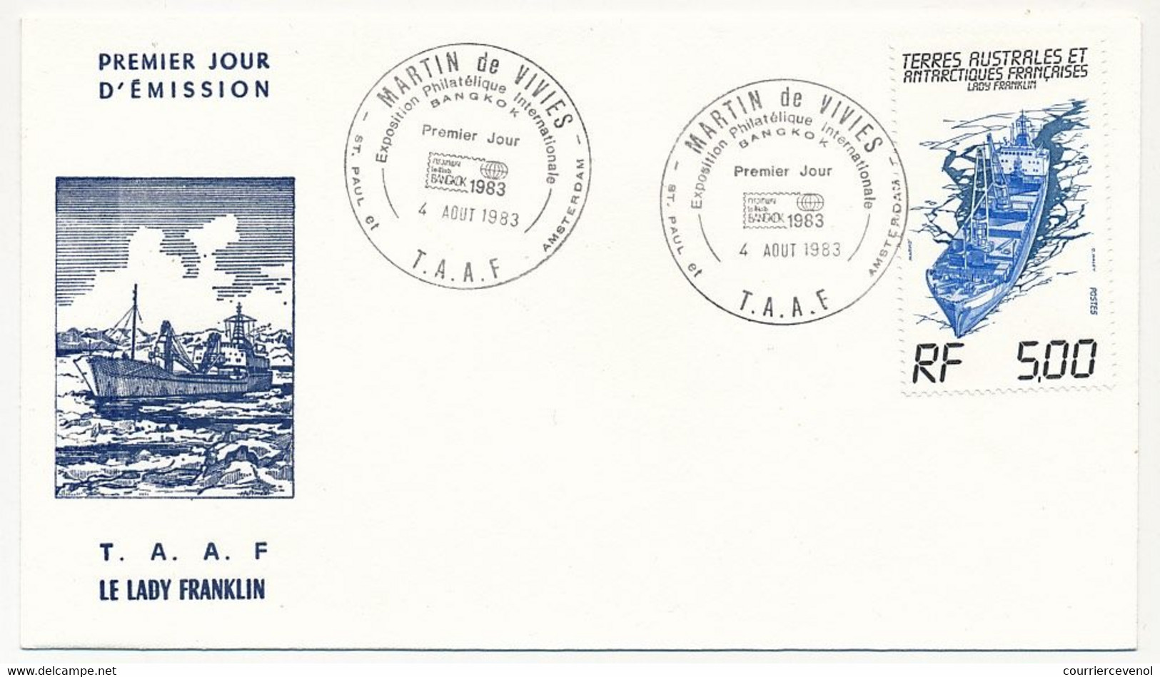 TAAF - Enveloppe FDC - 5,00 Le Lady Franklin - St Martin De Vivies - 4/08/1983 - FDC