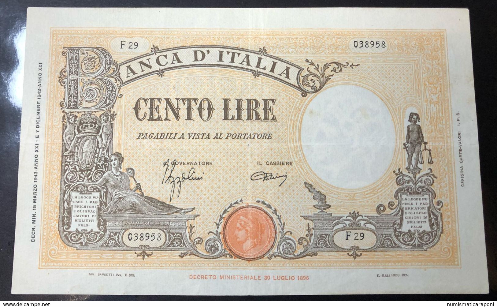 100 LIRE BARBETTI GRANDE B FASCIO 15 03 1943  CARTA FRESCA E BEI COLORI Forellino Centrale LOTTO 1111 - 100 Liras