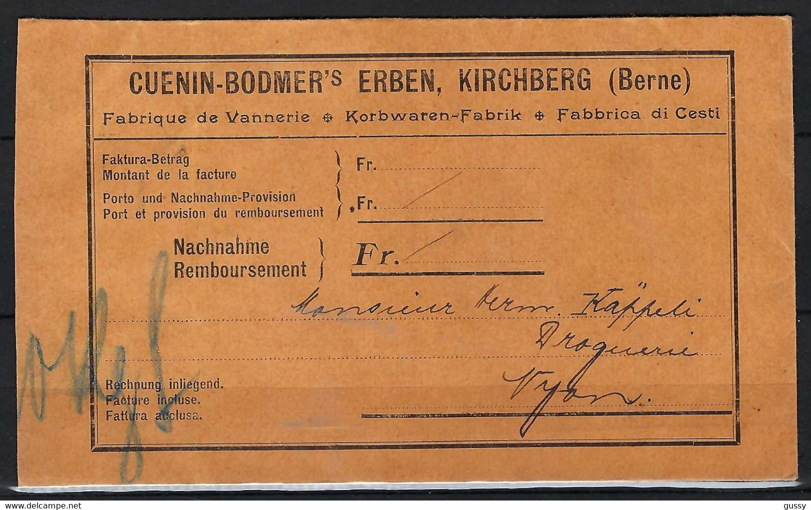 SUISSE 1911: LSC Contre-Remboursement De Kirchberg Pour Nyon, Affr. Mixte Avec Les ZNr.125III,112,109, Obl. CAD - Cartas & Documentos