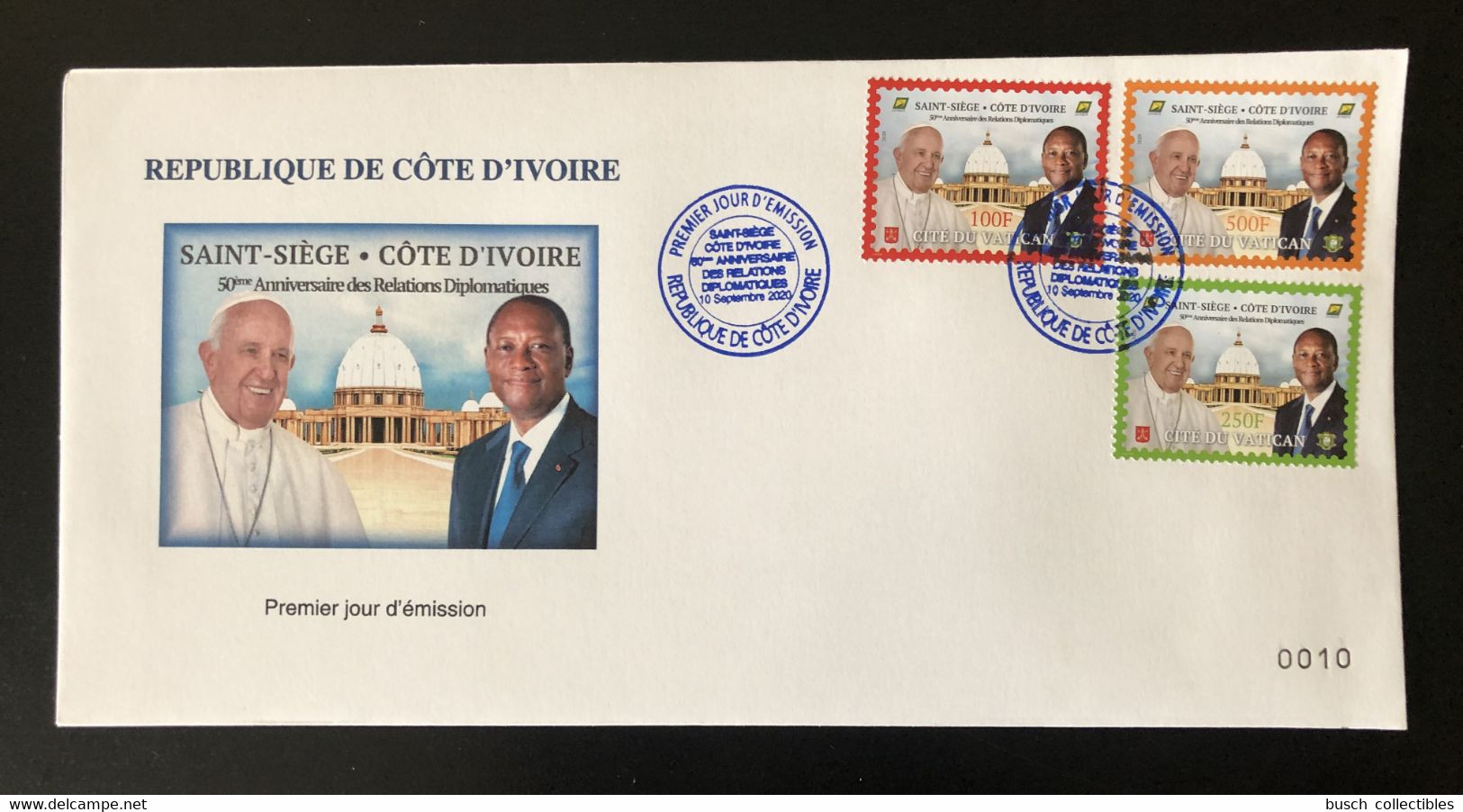 Côte D'Ivoire Ivory Coast 2020 FDC 1er Jour Joint Issue Emission Commune Vatican 50 Ans Relations Pape Pope President - Popes
