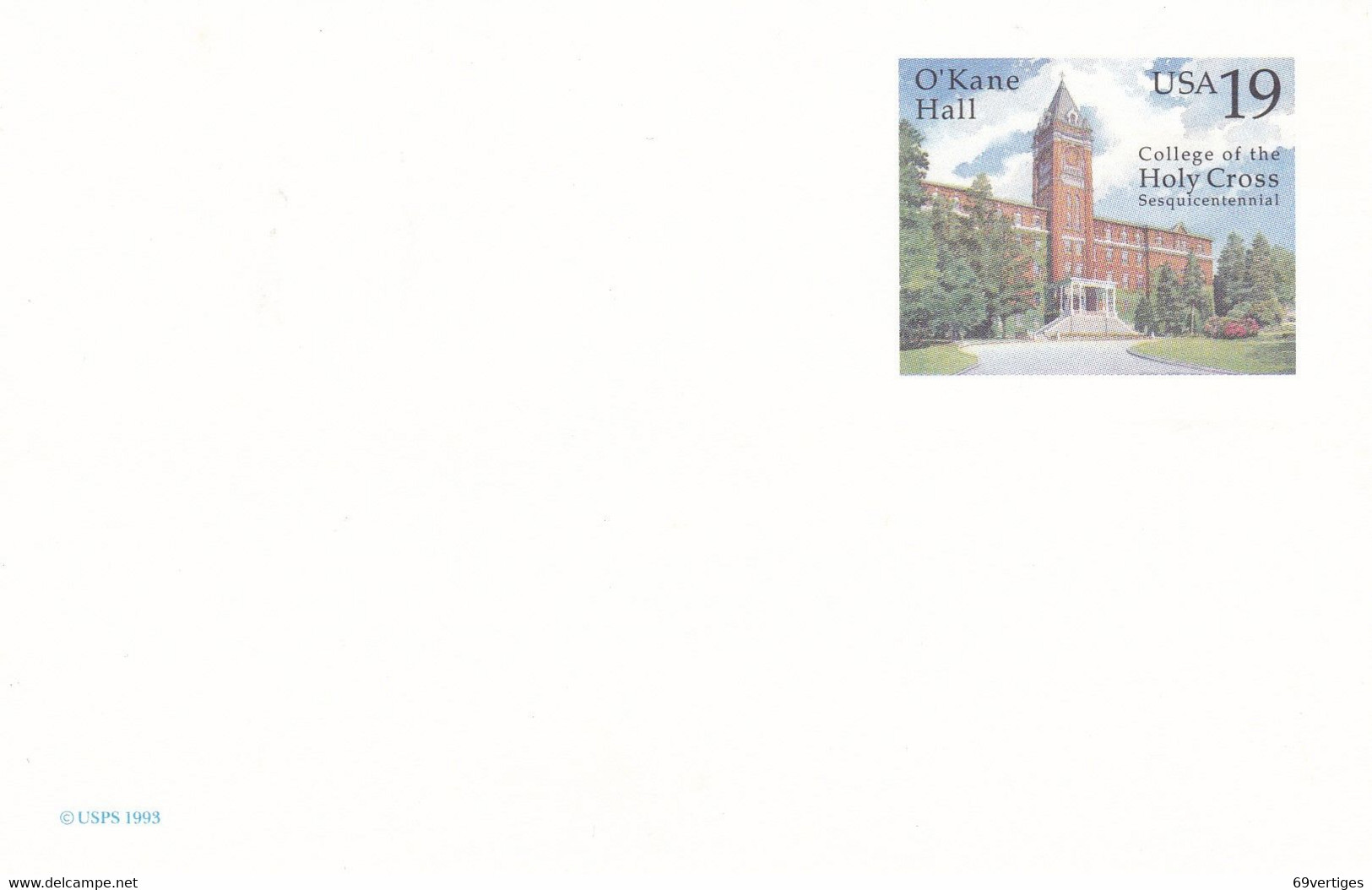 ENTIER POSTAL, "O KANE HALL", College Of The Holy Cross Sesquicentennial, 19c - Other & Unclassified