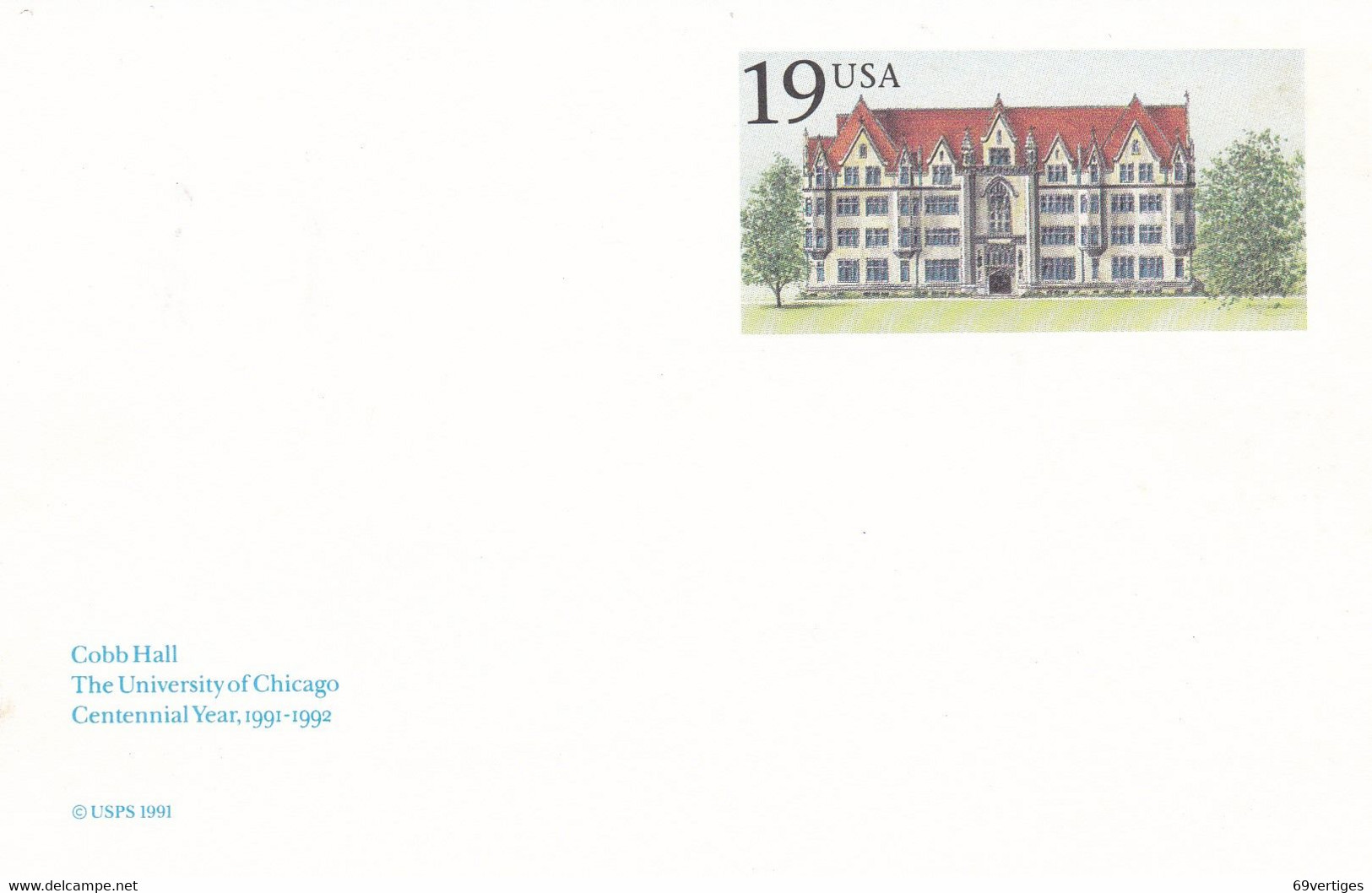 ENTIER POSTAL, "COBB HALL", The University Of Chicago, Centennial Year 1991-1992, 19c - Andere & Zonder Classificatie
