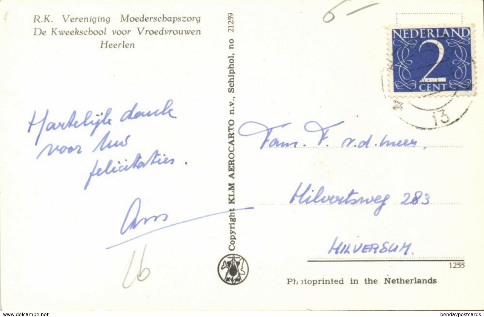 Nederland, HEERLEN, R.K. Vereniging Moederschapszorg (1950s) KLM Ansichtkaart - Heerlen