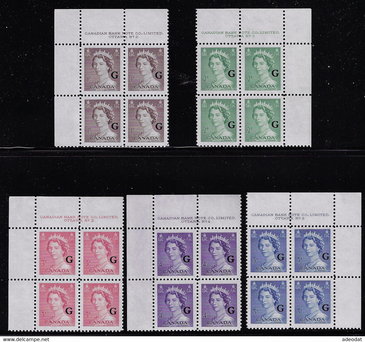 CANADA 1953 OFFICIAL STAMPS PLATE BLOCKS SCOTT O33-37 .jpg - Sovraccarichi