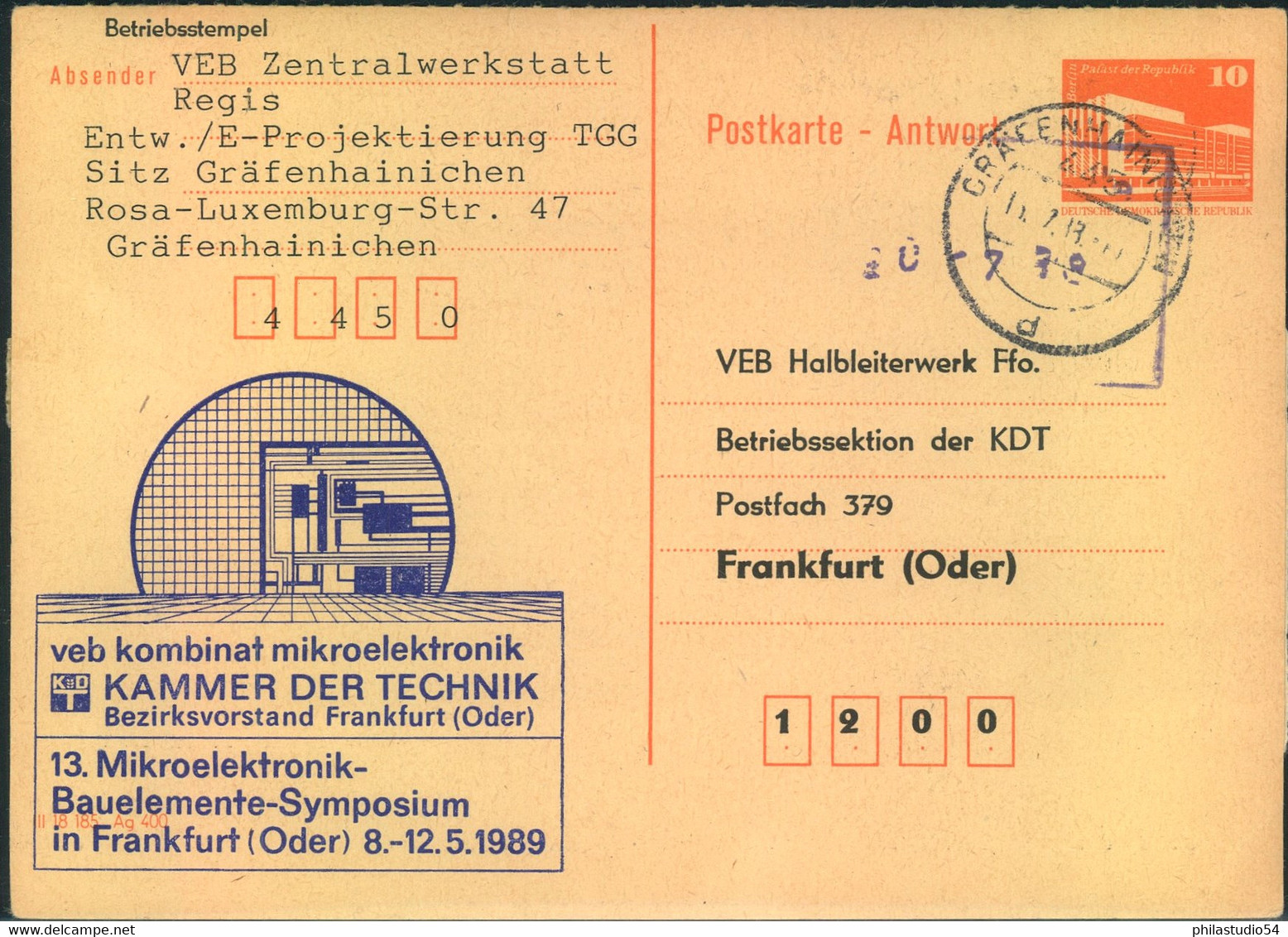 1989, Ganzsachenkarte Mit Privatem Zudruck "VEB Kombinat Mikroelektronik - Kammer Der Technik" Bedarf - Altri & Non Classificati