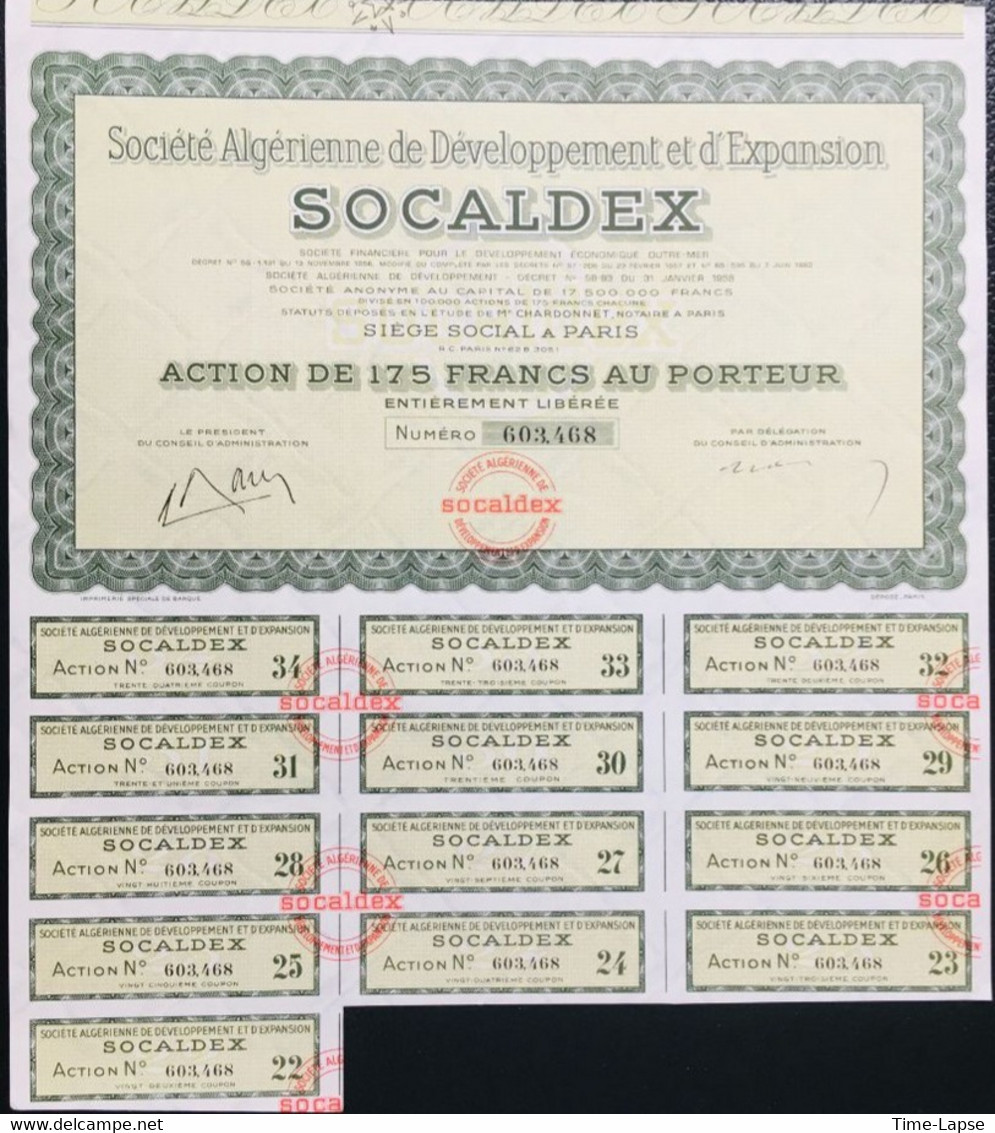 Lot De 15 Actions De 175 Francs Au Porteur - SOCALDEX - Société Algérienne De Développement Et D'Expansion - Otros & Sin Clasificación