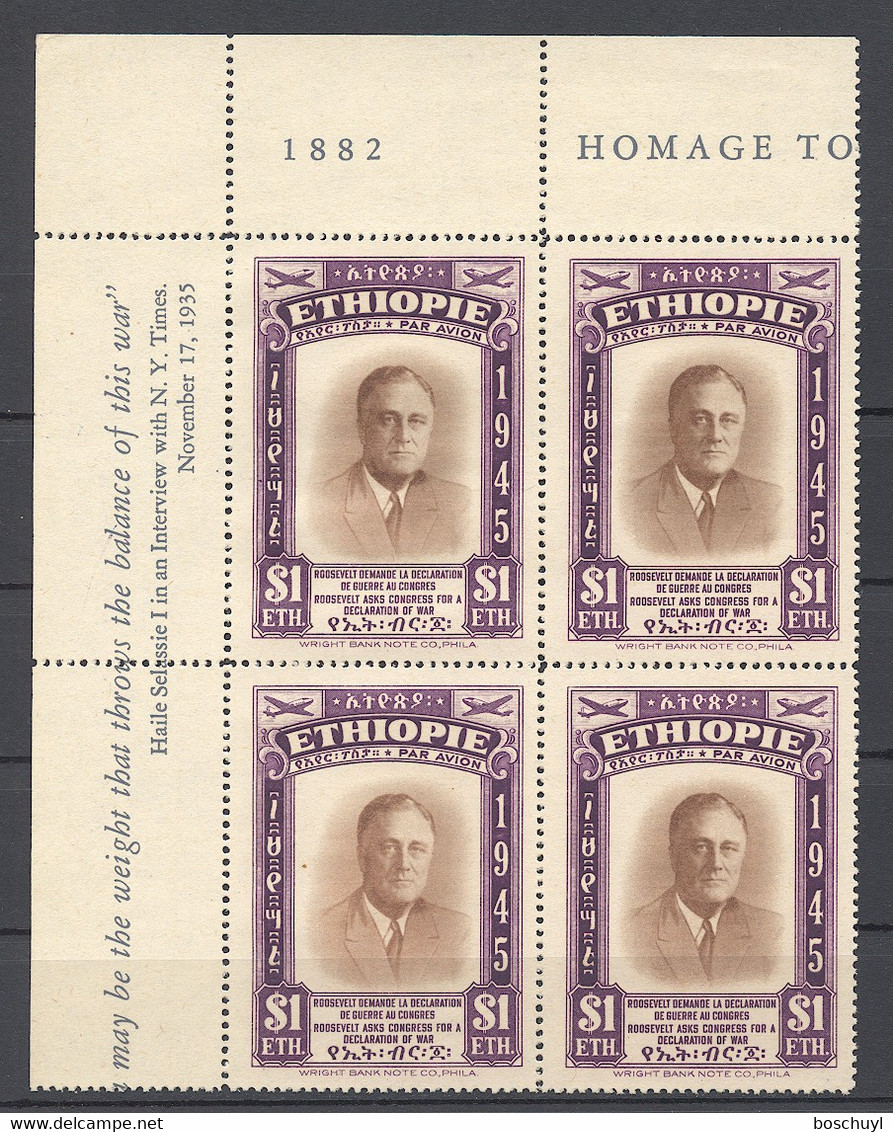 Ethiopia, 1947, President Roosevelt, MNH Corner Margin Block, Michel 233 - Etiopia