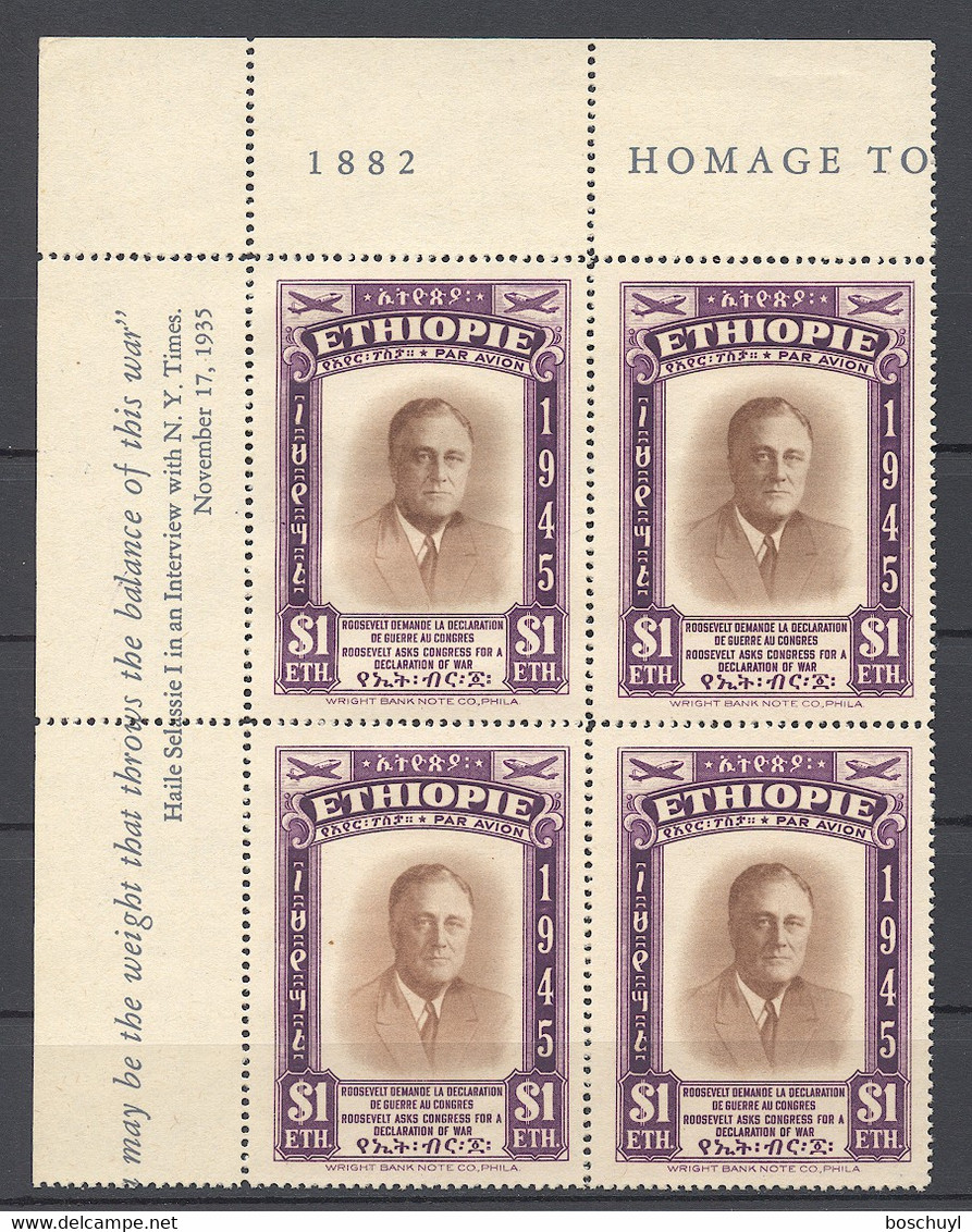 Ethiopia, 1947, President Roosevelt, MNH Corner Margin Block, Michel 233 - Ethiopie