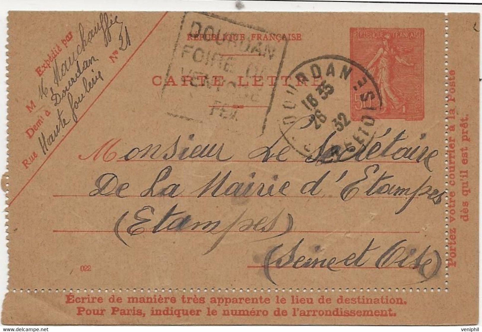 LETTRE ENTIER POSTAL OBLITERATION DAGUIN "  DOURDAN FOIRE FOIRE DE VENTOSE FEV. 1932 - Oblitérations Mécaniques (Autres)