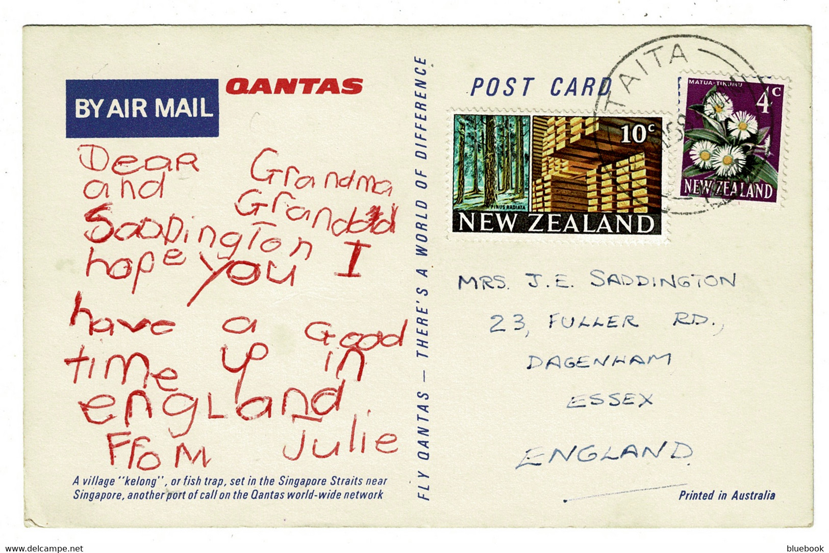 Ref 1412 -  Qantas Postcard - Singapore Fishing Village - Taita New Zealand 14c Rate To UK - Cartas & Documentos